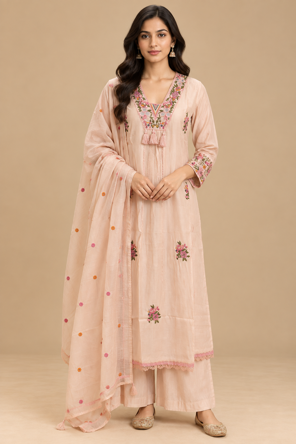Blush Peach Mul Chanderi Embroidered Straight-Cut Suit Set